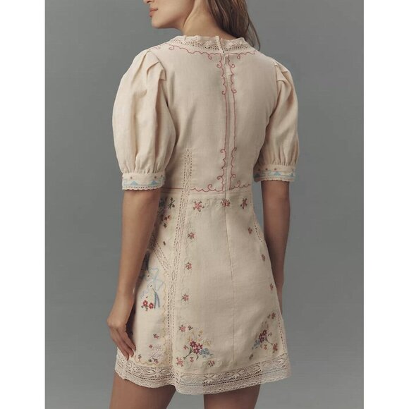 NWT Size 14-Anthro Linen Cotton Puff-Sleeve Embroidered Mini Dress (NWT US$ 228) - Picture 3 of 16